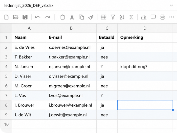 Een ledenlijst in een spreadsheet, met een kolom betaald die half is ingevuld