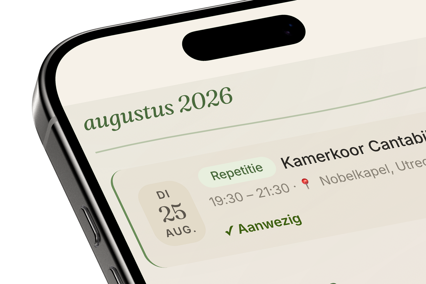 Het ledenportaal op een telefoon, met de begroeting en de knop plan week