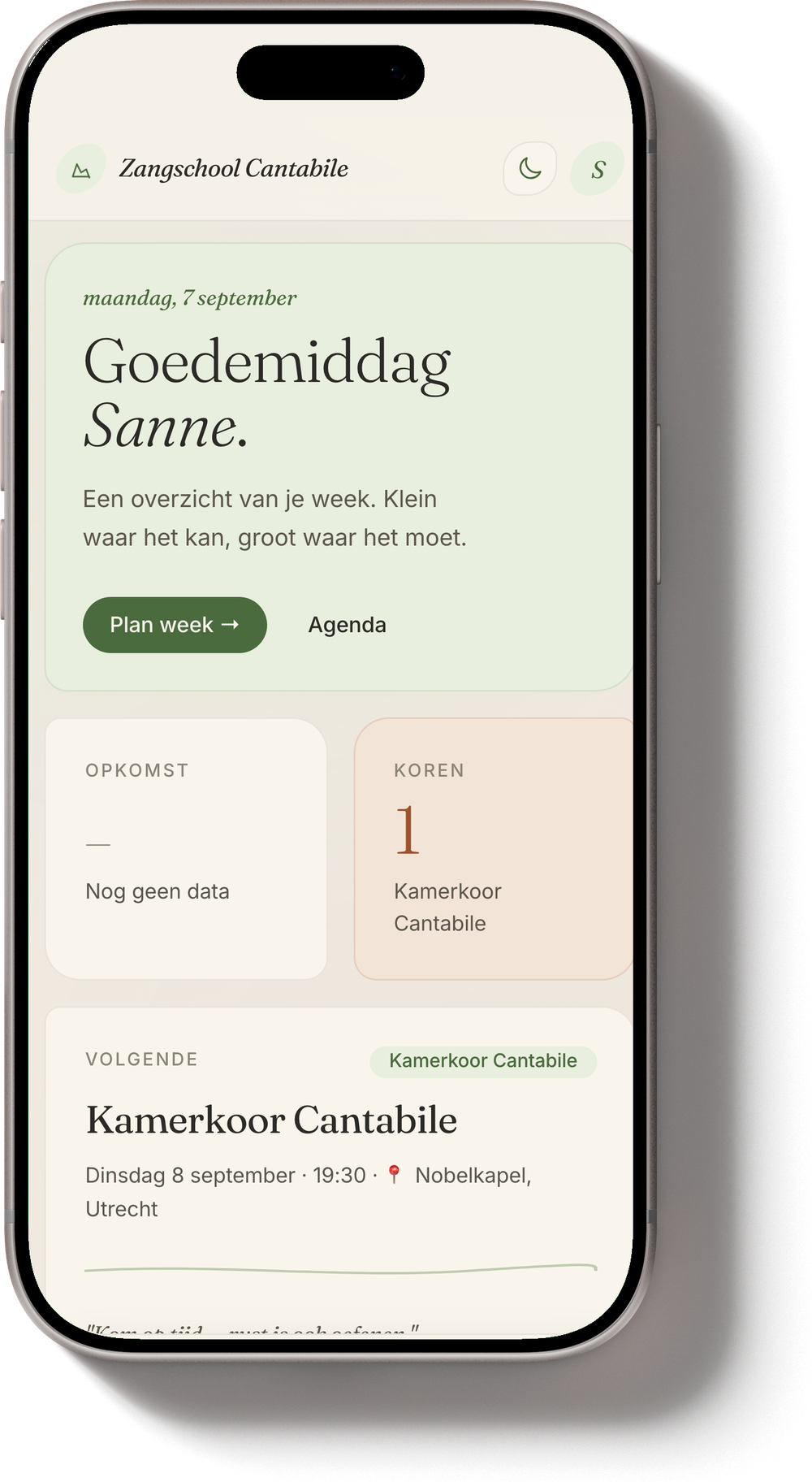 Het portaal op de telefoon van een lid, in de huisstijl van de klant